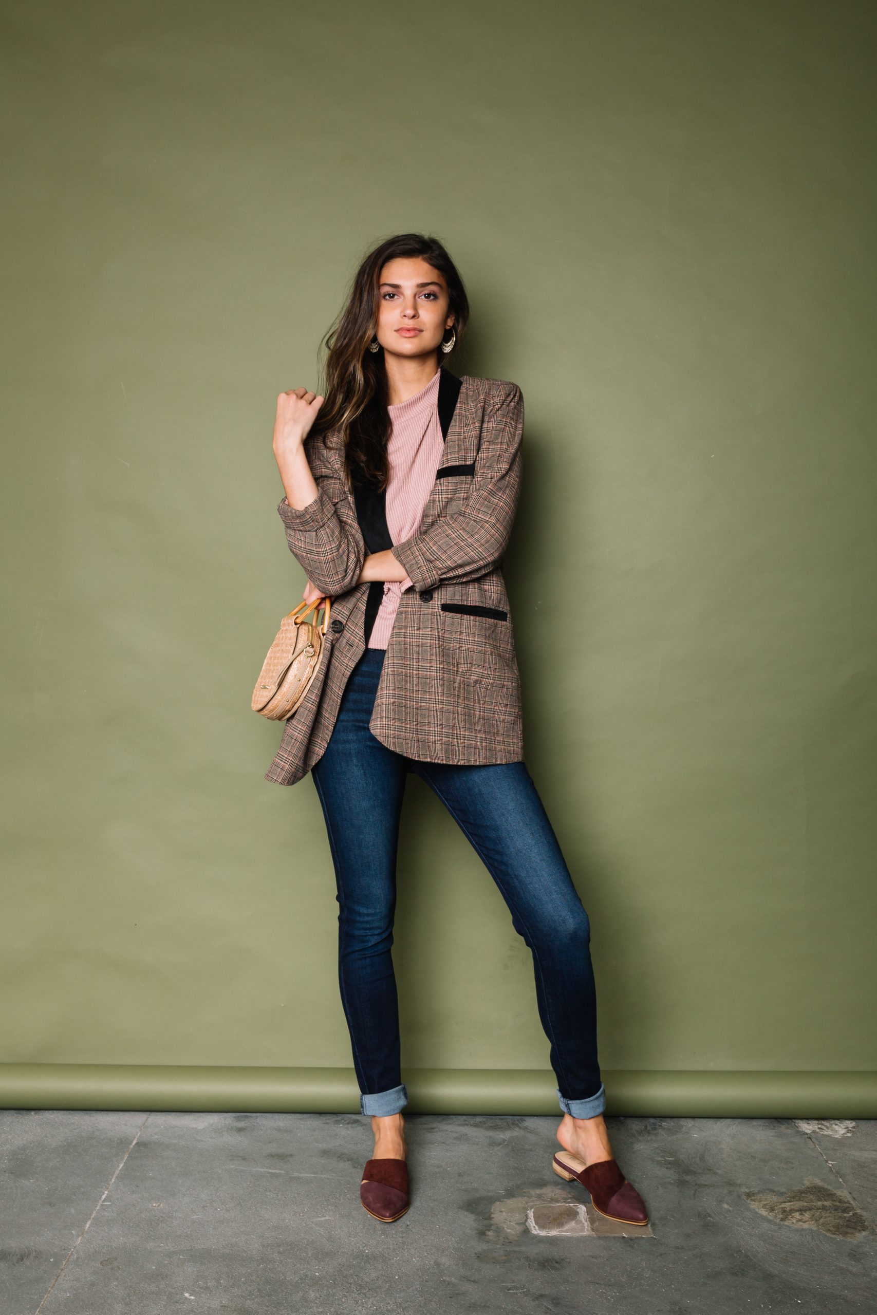 Plaid Blazer with Pink T-Shirt and Slim Jeans for Smart Casual — Office Outfits for Women 2027