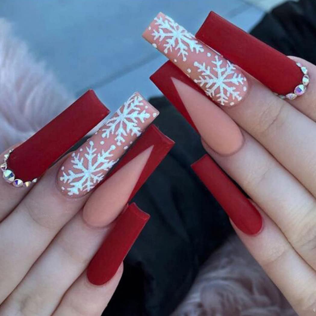 Red Nude Rhinestone Snowflake Matte Nails Red Nude Rhinestone Snowflake Matte Nails — Matte Christmas Nails 2026