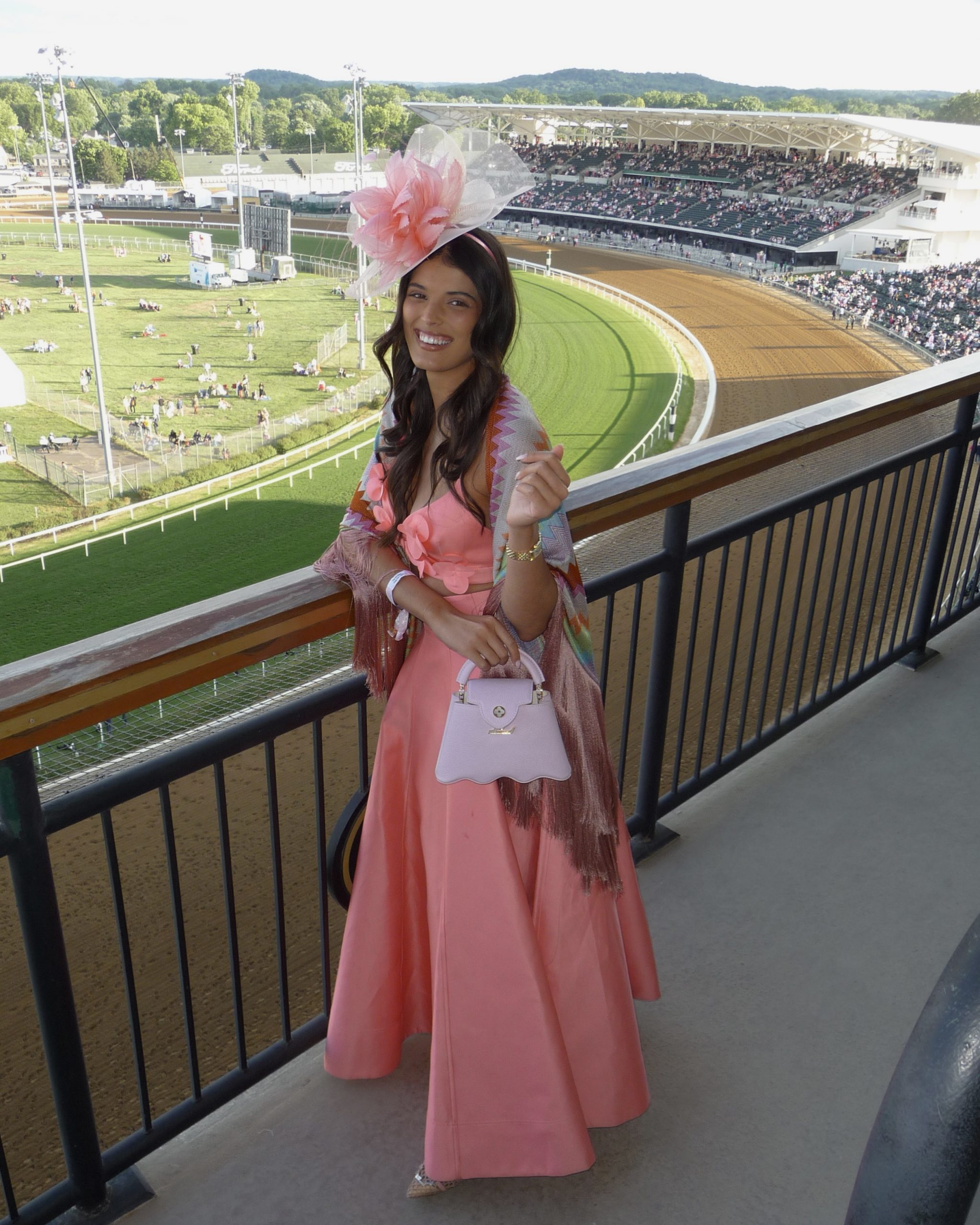 Coral Pink Maxi Dress with Floral Fascinator — Kentucky Derby Outfits 2027