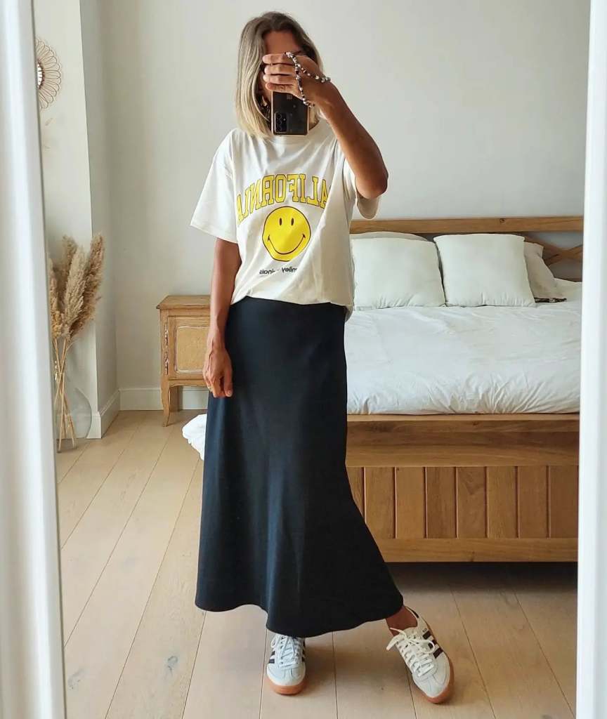 Graphic Smiley Tee and Maxi Skirt with White & Beige Adidas Samba Graphic Smiley Tee and Maxi Skirt with White & Beige Adidas Samba — Adidas Samba Spring Outfits 2027
