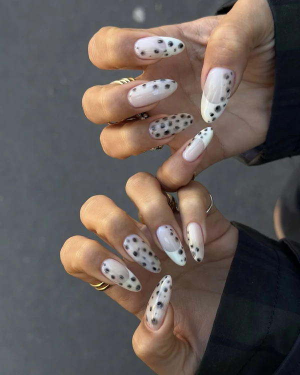 Long Oval White with Black Dots Long Oval White with Black Dots — Polka Dot Nails 2027