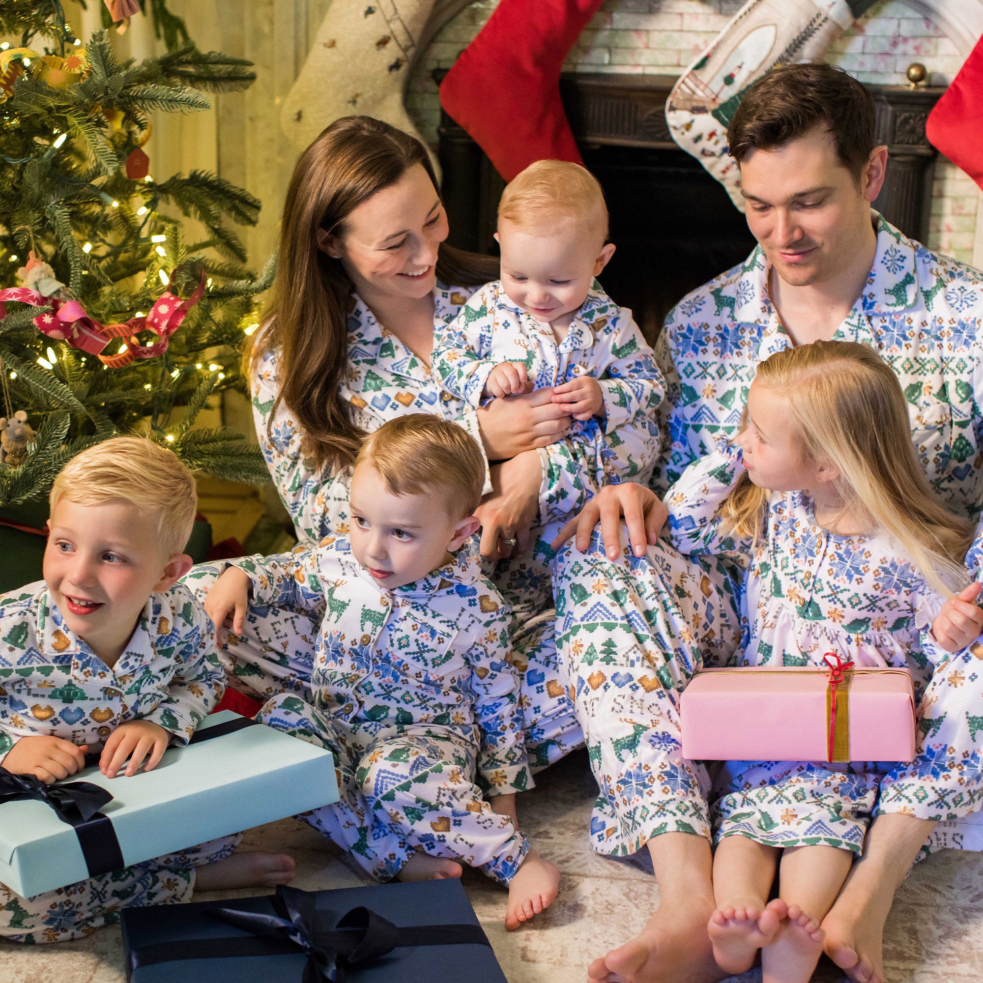 Blue And White Tree Motif Pajamas Blue And White Tree Motif Pajamas — Matching Family Christmas Outfits 2026