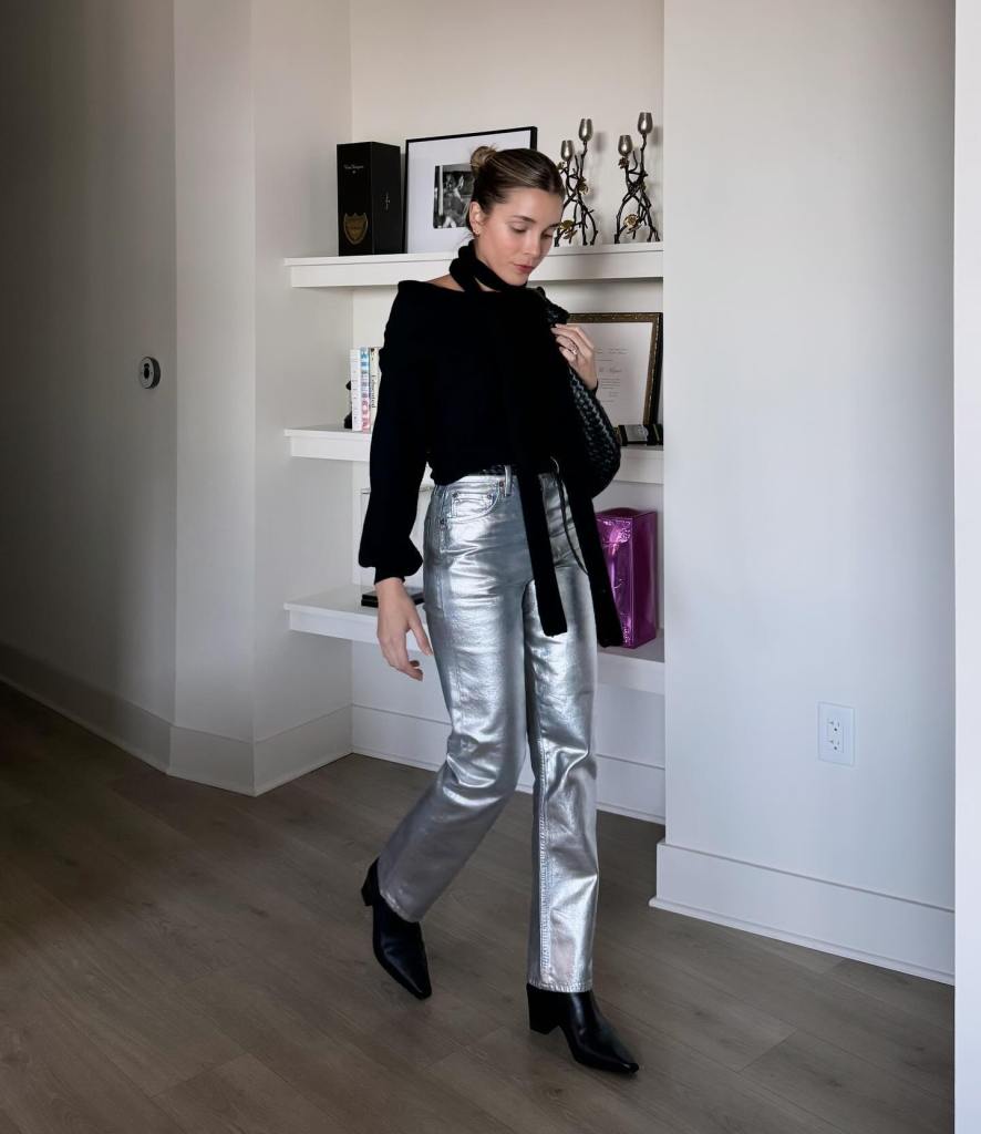 Shiny Silver Pants with Off-the-Shoulder Top — Silver Outfits 2027