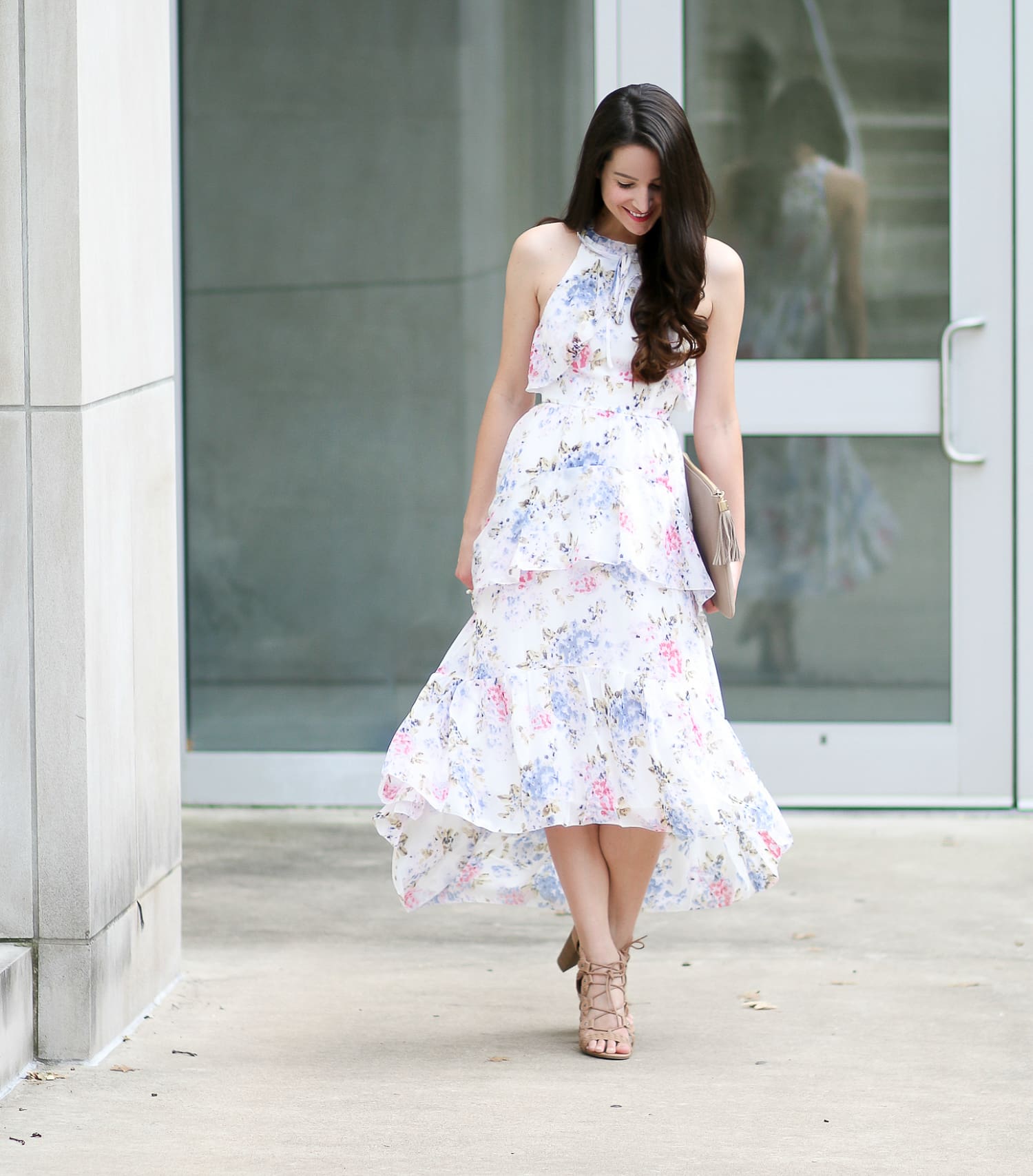 Lace-Up Block Heels In Nude Outfit Idea Lace-Up Block Heels In Nude Outfit Idea — Chiffon Dress Outfits 2027