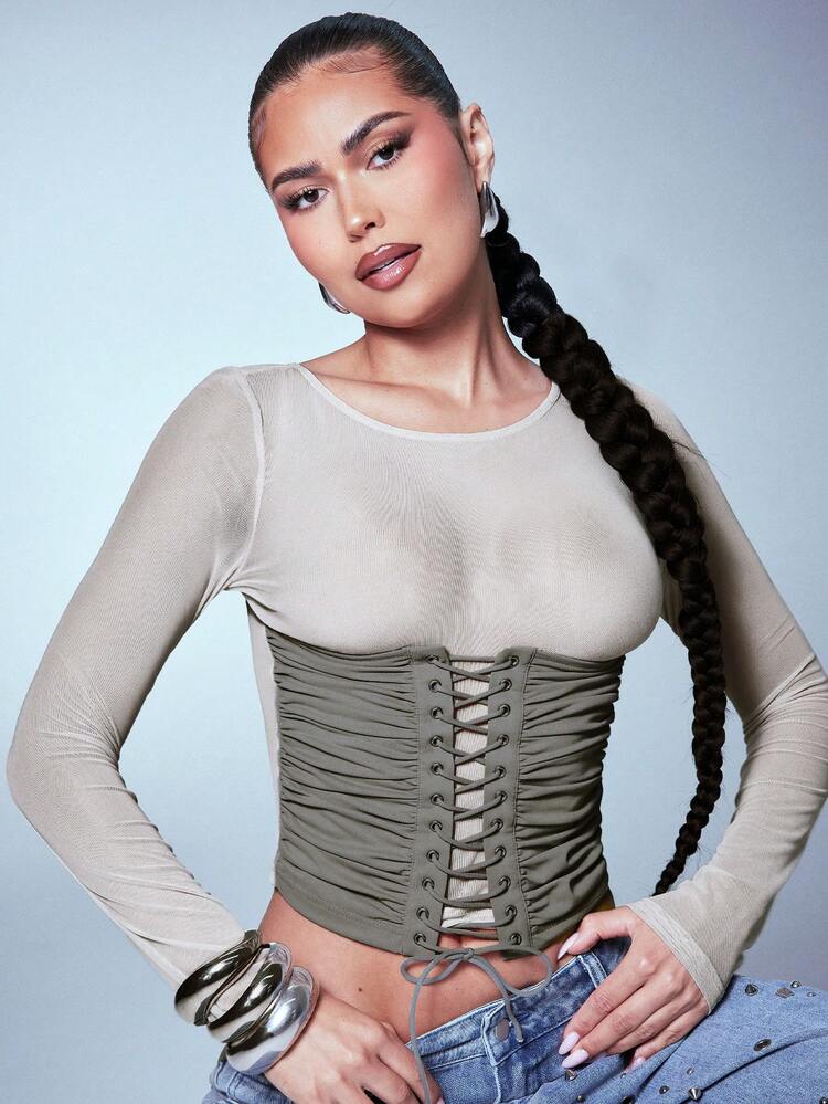 Olive Green Corset with Lace-Up Detail Over Sheer Top Olive Green Corset with Lace-Up Detail Over Sheer Top — Lace Corset Top Outfits 2027