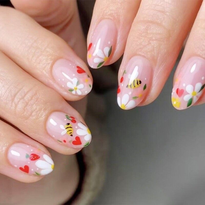 Sheer Pink with Hand-Painted Bees and Hearts Sheer Pink with Hand-Painted Bees and Hearts — Bee Nails 2027