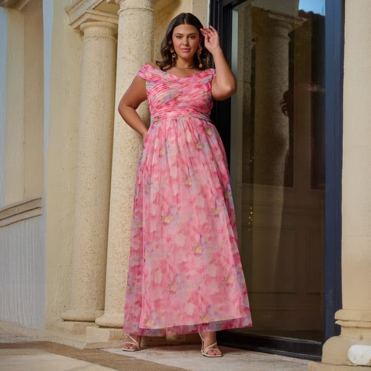 Flowing Pink Floral Print Draped Neck Dress Flowing Pink Floral Print Draped Neck Dress — Bridal Shower Dress 2027 for Guest