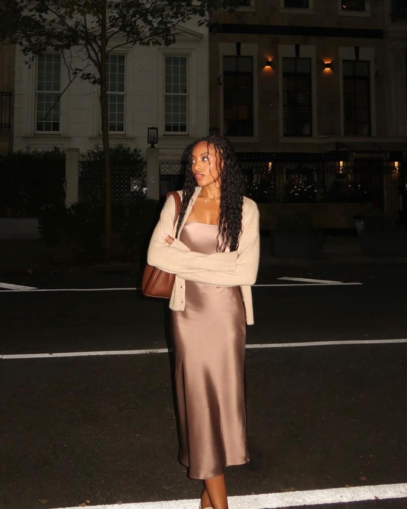 Taupe Satin Slip Dress with Draped Cardigan for Evening — Slip Dress Outfits 2027