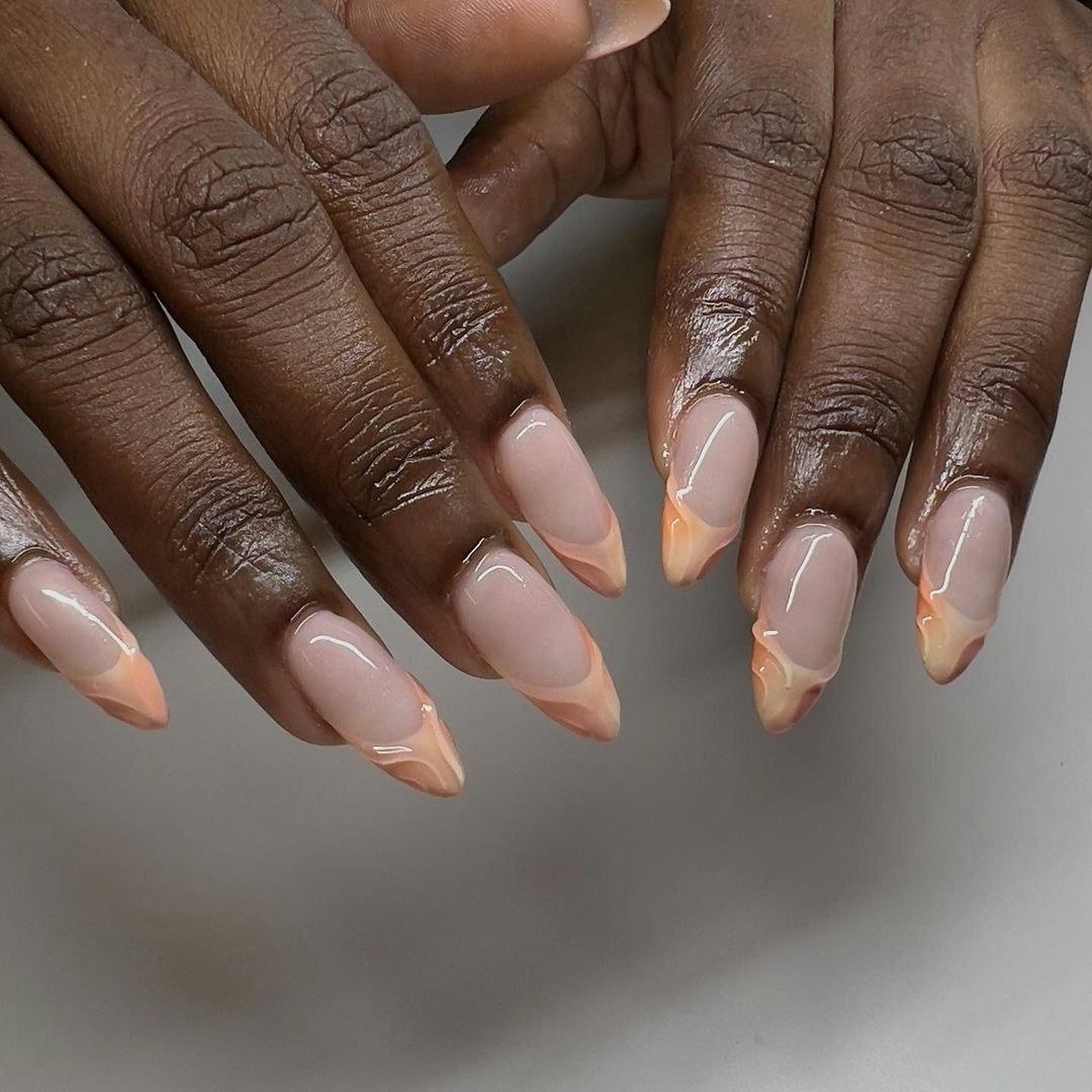 Peach Outline French Swirl Almond Nails — Pastel Nails 2027 for Brown Skin