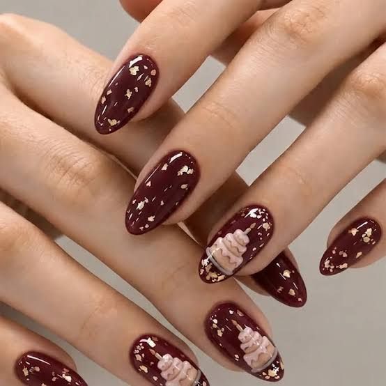 Deep Burgundy Medium Almond with Gold Foil & Cake Art — 30th Birthday Nails 2027