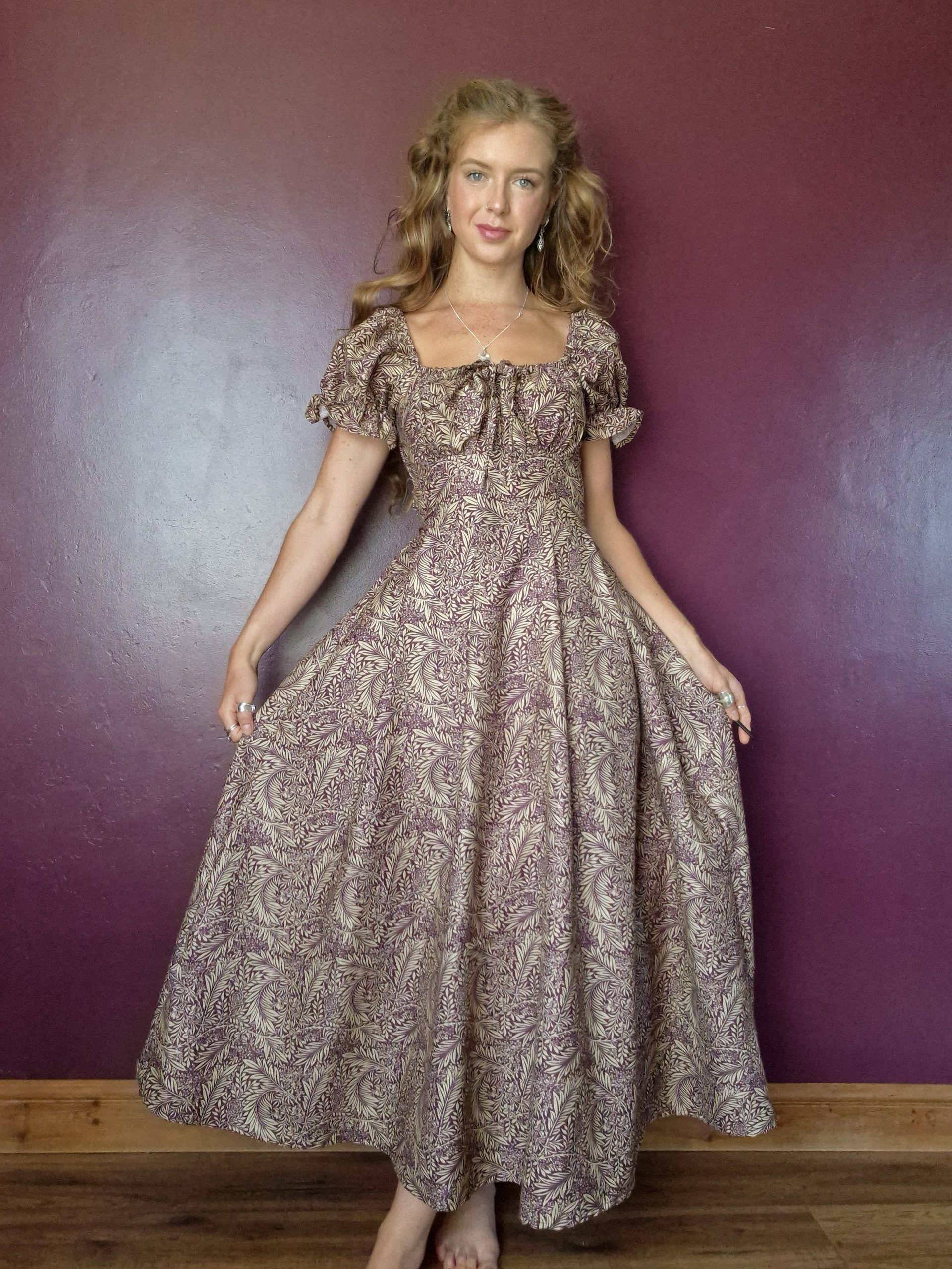 Patterned Long Milkmaid Dress with Puff Sleeves and Silver Necklace Patterned Long Milkmaid Dress with Puff Sleeves and Silver Necklace — Milkmaid Dresses 2027
