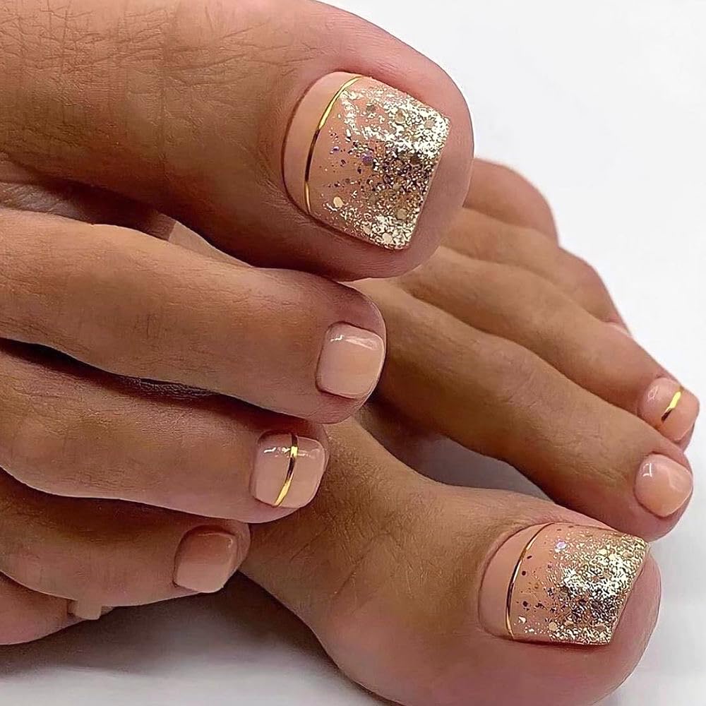 Nude Toes with Gold Glitter and Lines — Wedding Toe Nails 2027