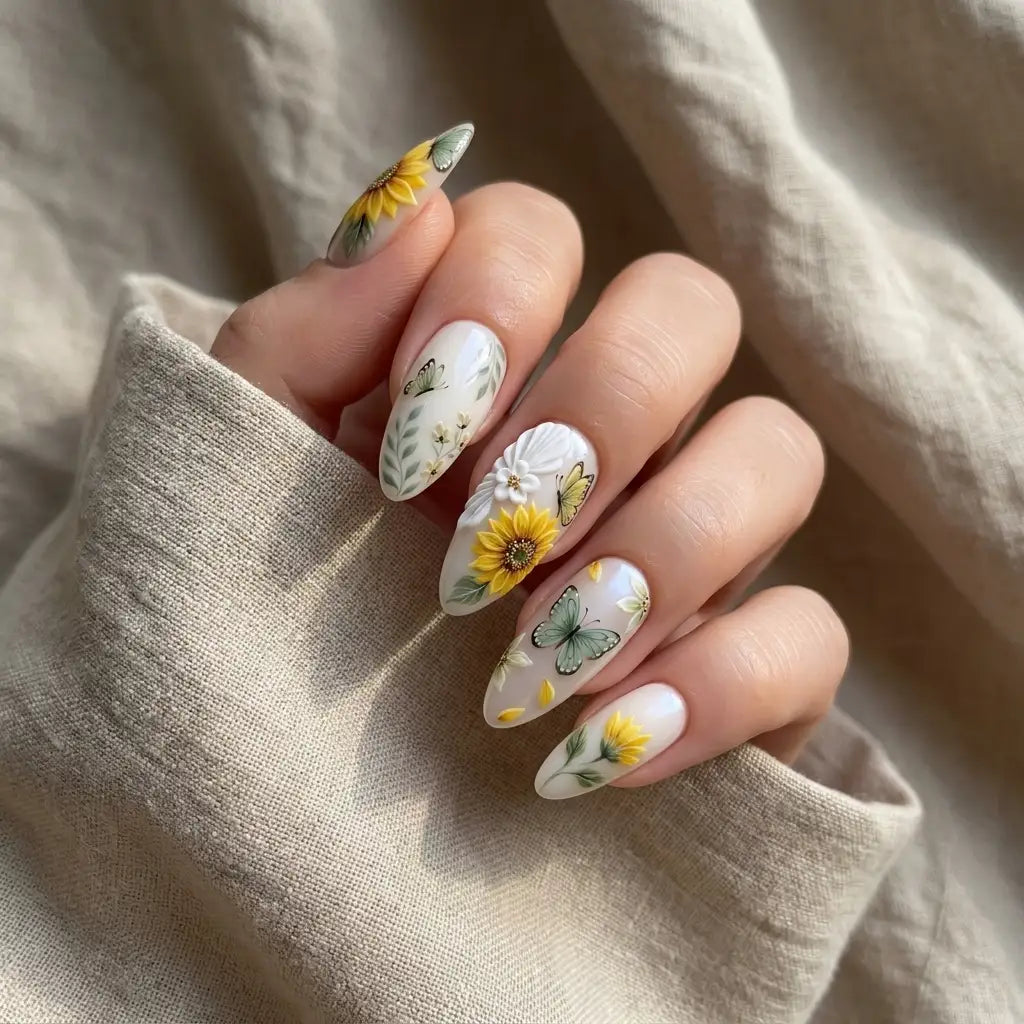 White 3D Butterfly Sunflower Almonds — Short Butterfly Almond Nails 2027