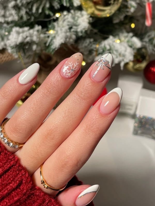 Short Oval Mixed White Snowflake Almond French — White Christmas Nails 2026