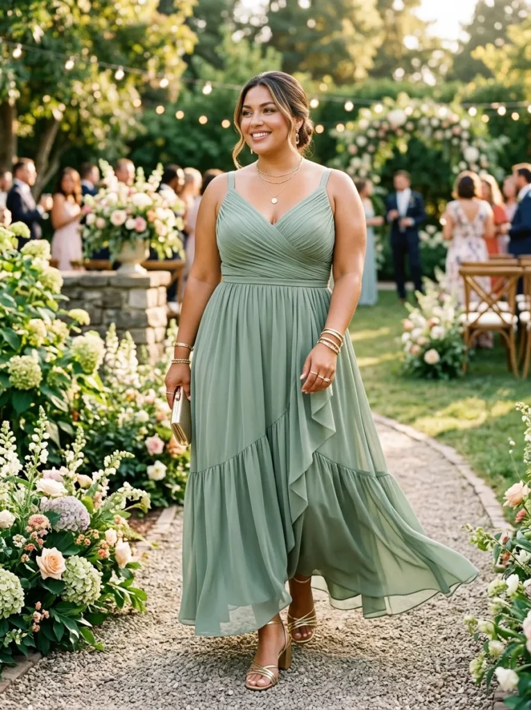 Sage Green Ruffled Midi Dress for a Graceful Wedding Guest Look Sage Green Ruffled Midi Dress for a Graceful Wedding Guest Look — Plus Size Wedding Guest Outfits 2027