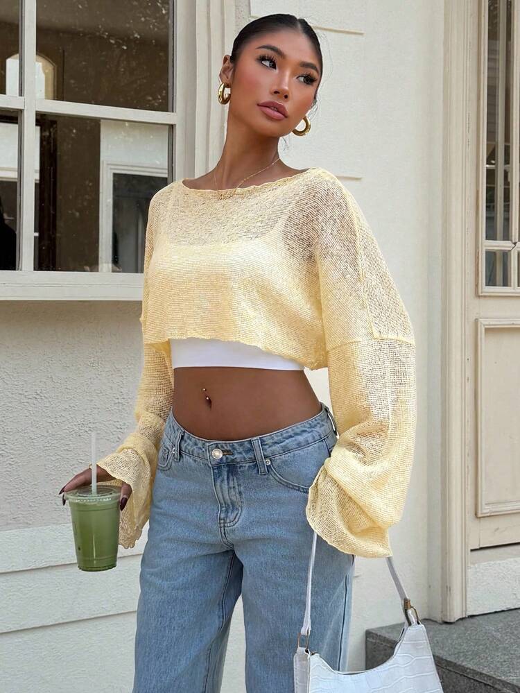 Sheer Pale Yellow Knit Top Layered Over White Crop Top with Denim Sheer Pale Yellow Knit Top Layered Over White Crop Top with Denim — Summer Crop Top Outfits 2027