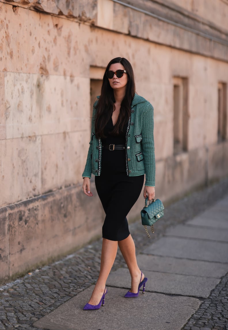 Textured Blazer Over Black Midi Dress with Bold Heels Textured Blazer Over Black Midi Dress with Bold Heels — Business Casual Outfits 2027