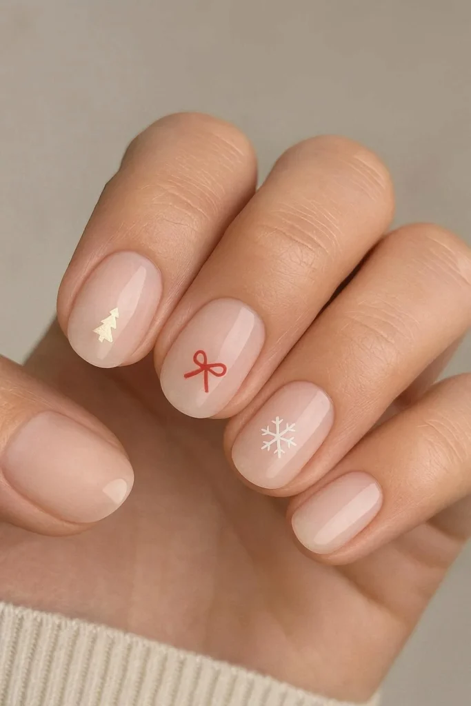 Subtle Sheer Nude with Tiny Christmas Decals — Short Christmas Nails 2026
