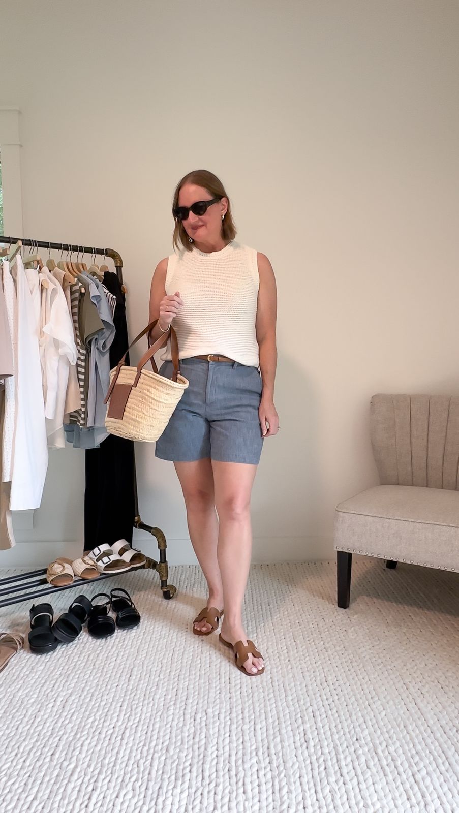 Sleeveless Knit Top Tailored Shorts Outfit Idea Sleeveless Knit Top Tailored Shorts Outfit Idea — Vacation Slides Outfits 2027