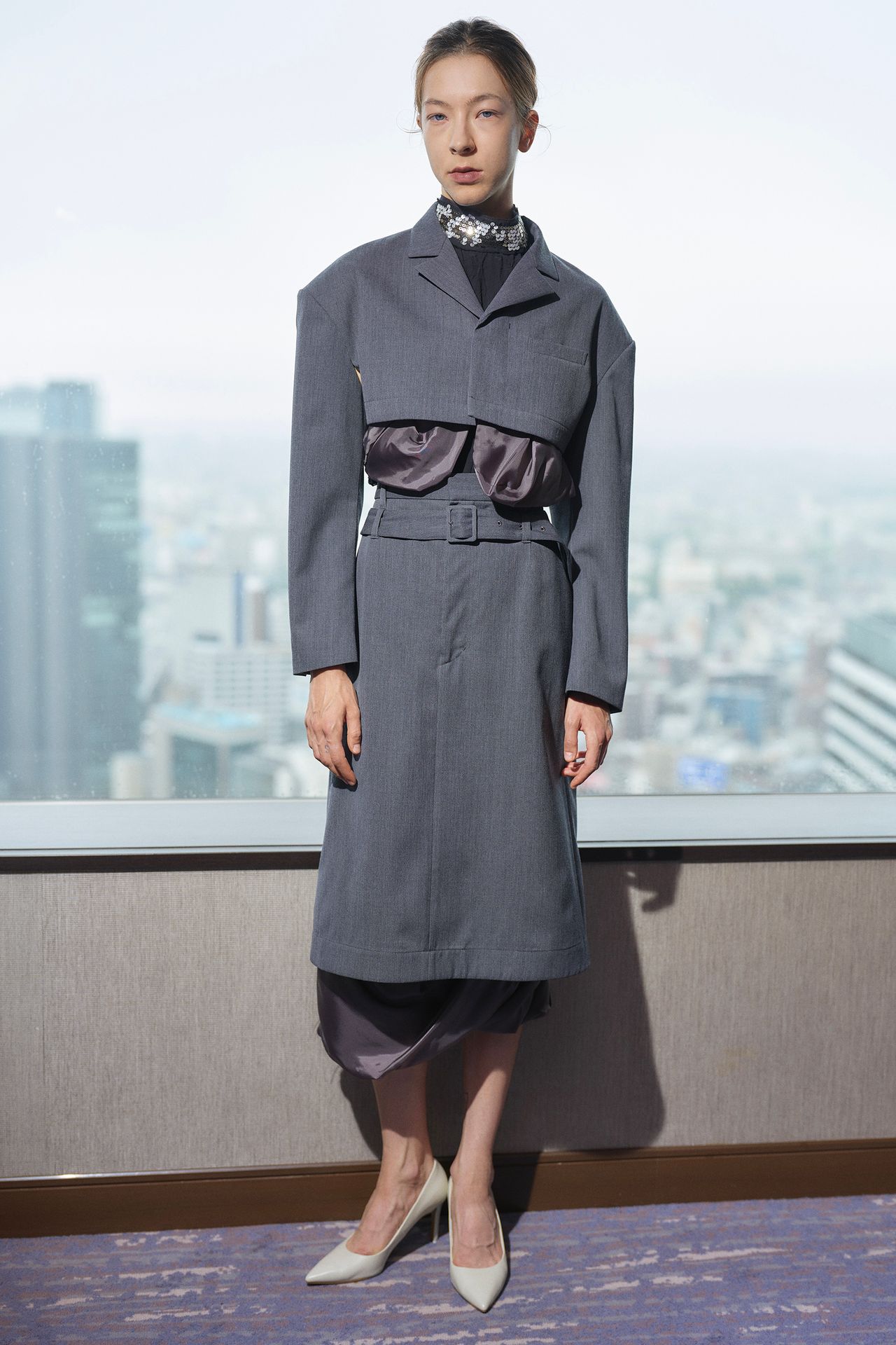 Grey Layered Cropped Jacket with Skirt and Statement Necklace Grey Layered Cropped Jacket with Skirt and Statement Necklace — Cropped Blazer Outfits 2027