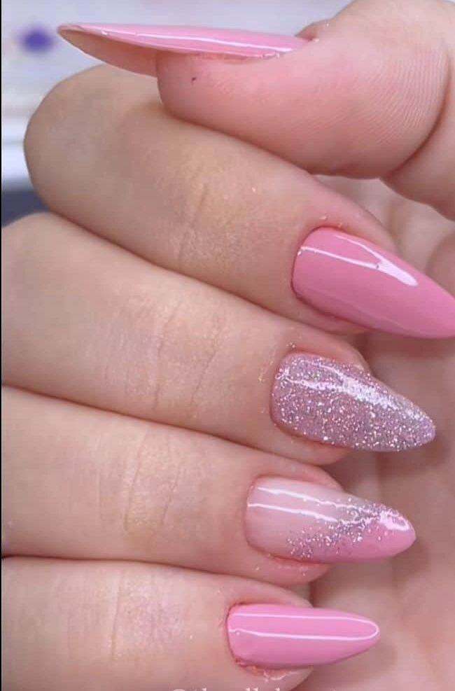 Nude to Pink Gradient Glitter Almonds Nude to Pink Gradient Glitter Almonds — Long Almond Pink Nails Ideas 2027