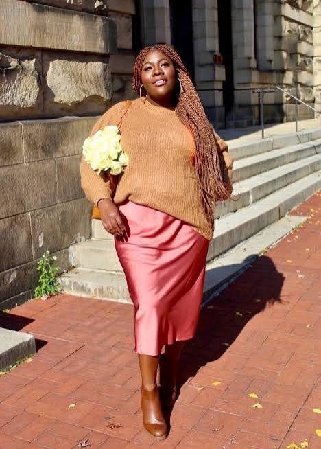 Brown Knit Sweater with Pink Satin Slip Skirt — Sweater and Skirt Outfits 2027