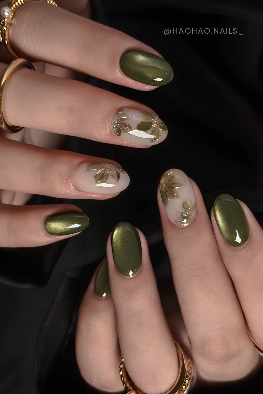 Olive Green Chrome with Gold Leaf Accents Olive Green Chrome with Gold Leaf Accents — Green Chrome Nails 2027
