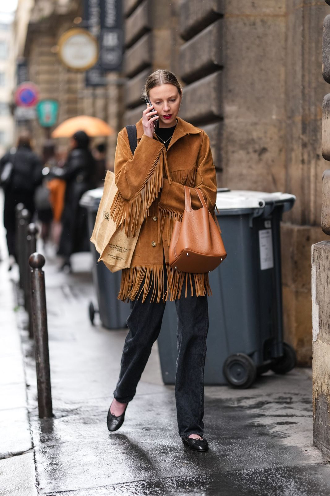 Urban Commute: Brown Suede Fringe Jacket in the Rain Urban Commute: Brown Suede Fringe Jacket in the Rain — Fringe Jacket Outfits 2027
