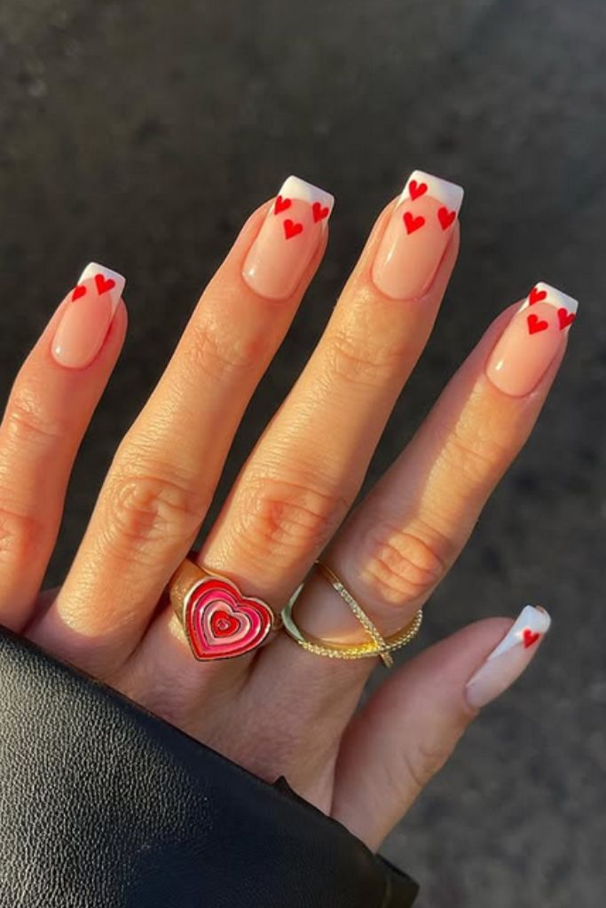 Short Square White French With Hearts Short Square White French With Hearts — Red Valentines Nails 2027