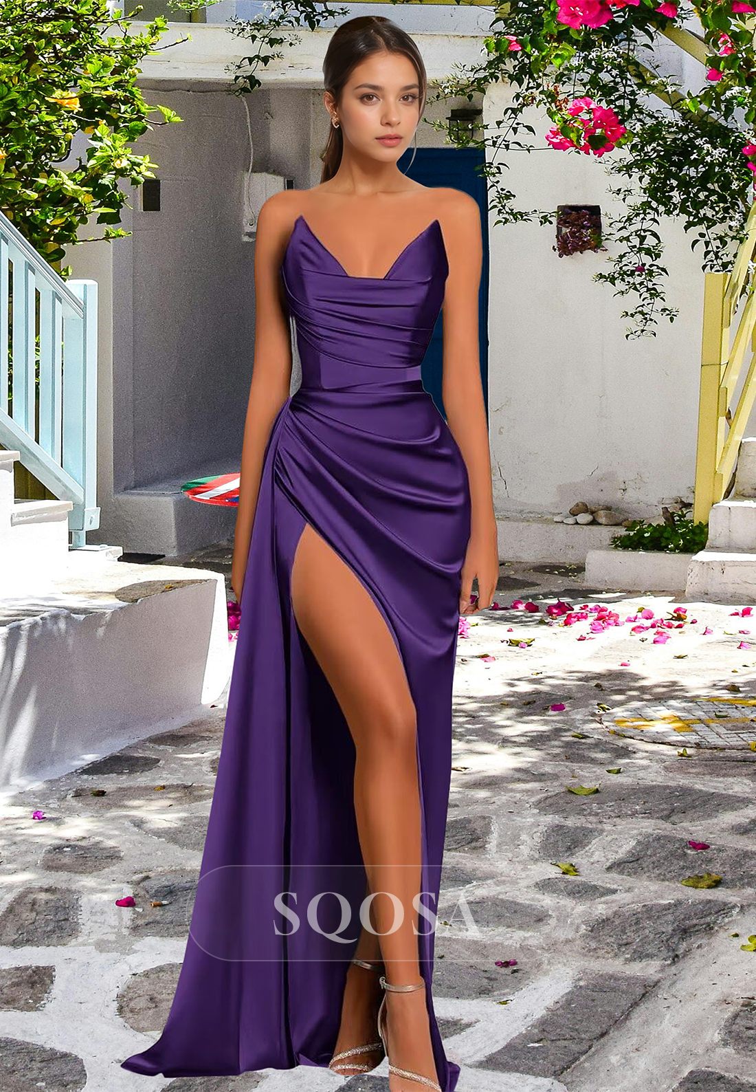 Deep Purple Satin Prom Dress with Ruched Bodice and High Slit Deep Purple Satin Prom Dress with Ruched Bodice and High Slit — Purple Prom Dresses 2027