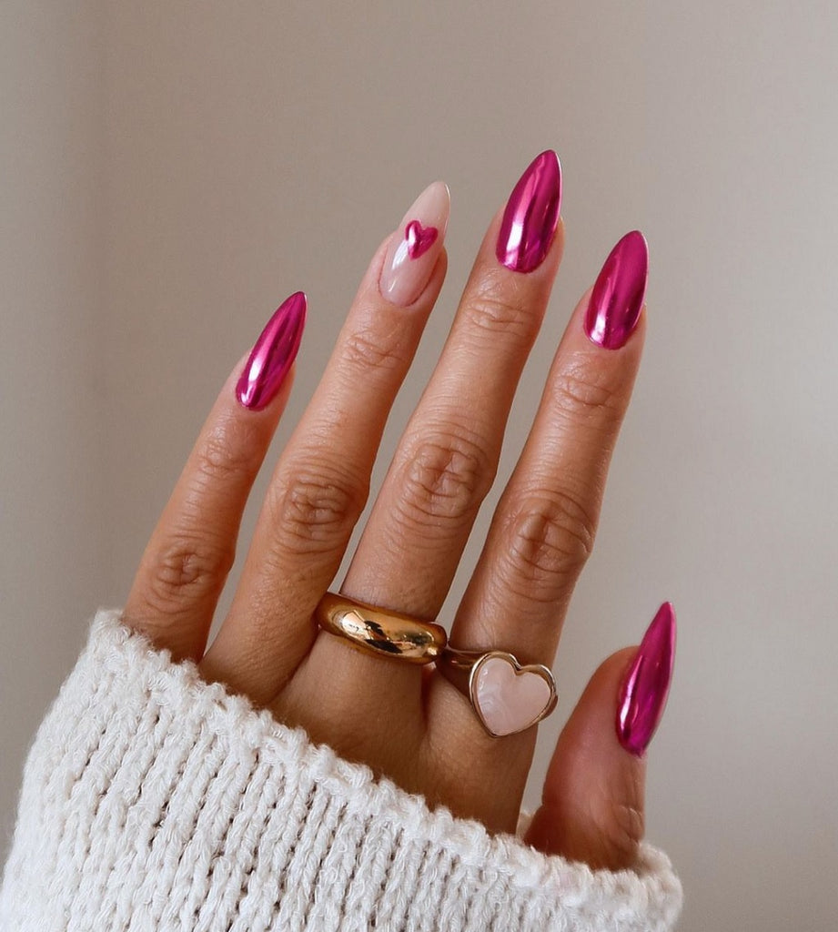 Metallic Hot Pink Chrome Stiletto with Heart Accent Metallic Hot Pink Chrome Stiletto with Heart Accent — Pink Rave Nails 2027