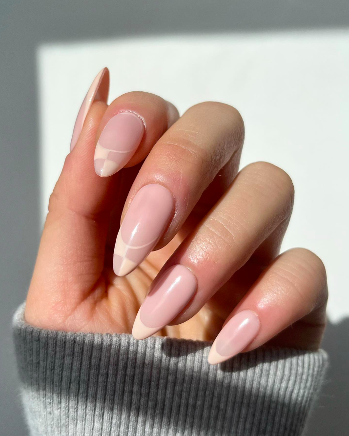 Pale Pink Checkerboard French Oval Nails — Winter Oval Nails 2027