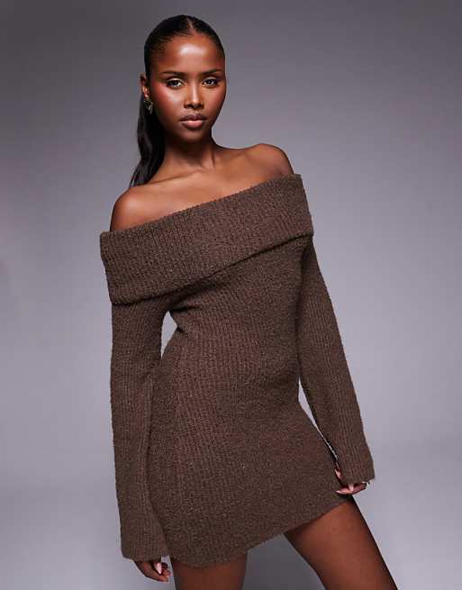Brown Off-the-Shoulder Knit Mini Dress — Sweatshirt Dress 2027