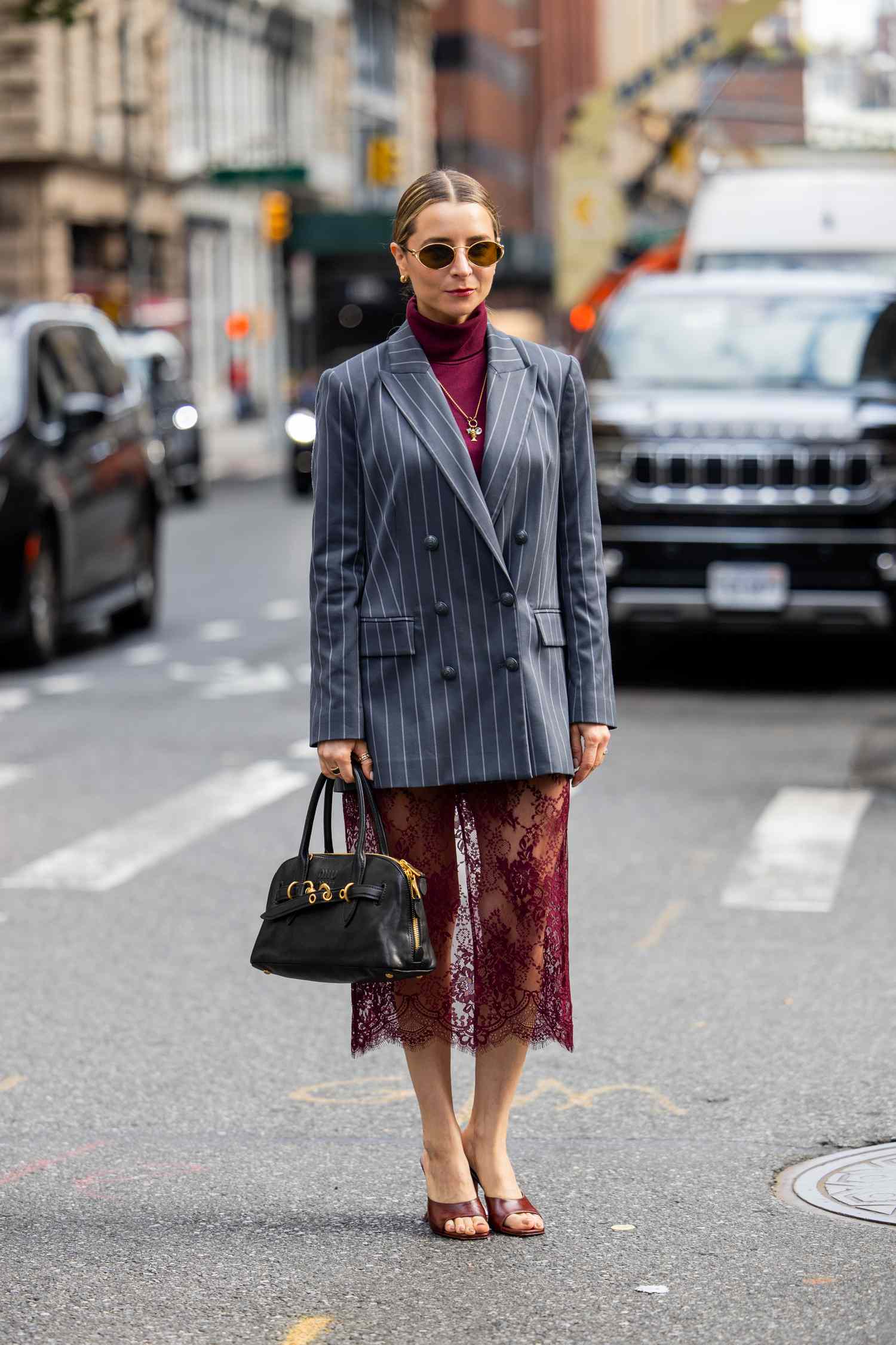 Pinstripe Blazer Over Lace Dress for Evening Events Pinstripe Blazer Over Lace Dress for Evening Events — Hostess Outfits 2027