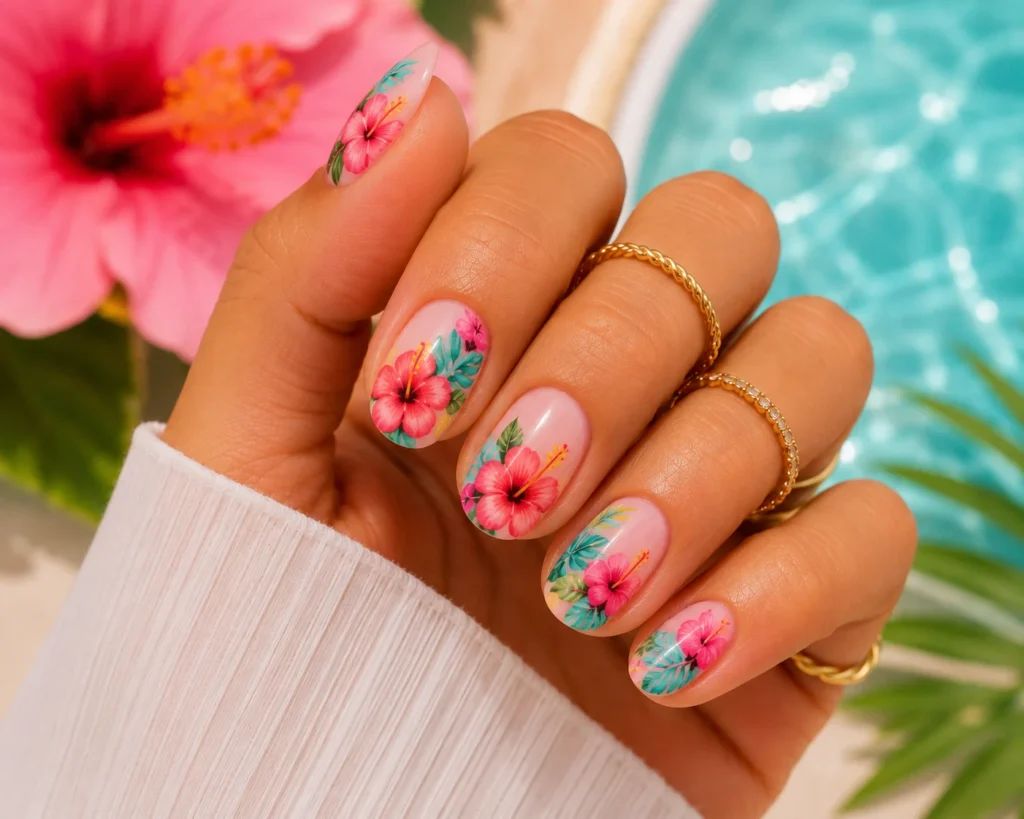 Vibrant Pink and Red Hibiscus Short Oval Vibrant Pink and Red Hibiscus Short Oval — Hibiscus Flower Nails 2027