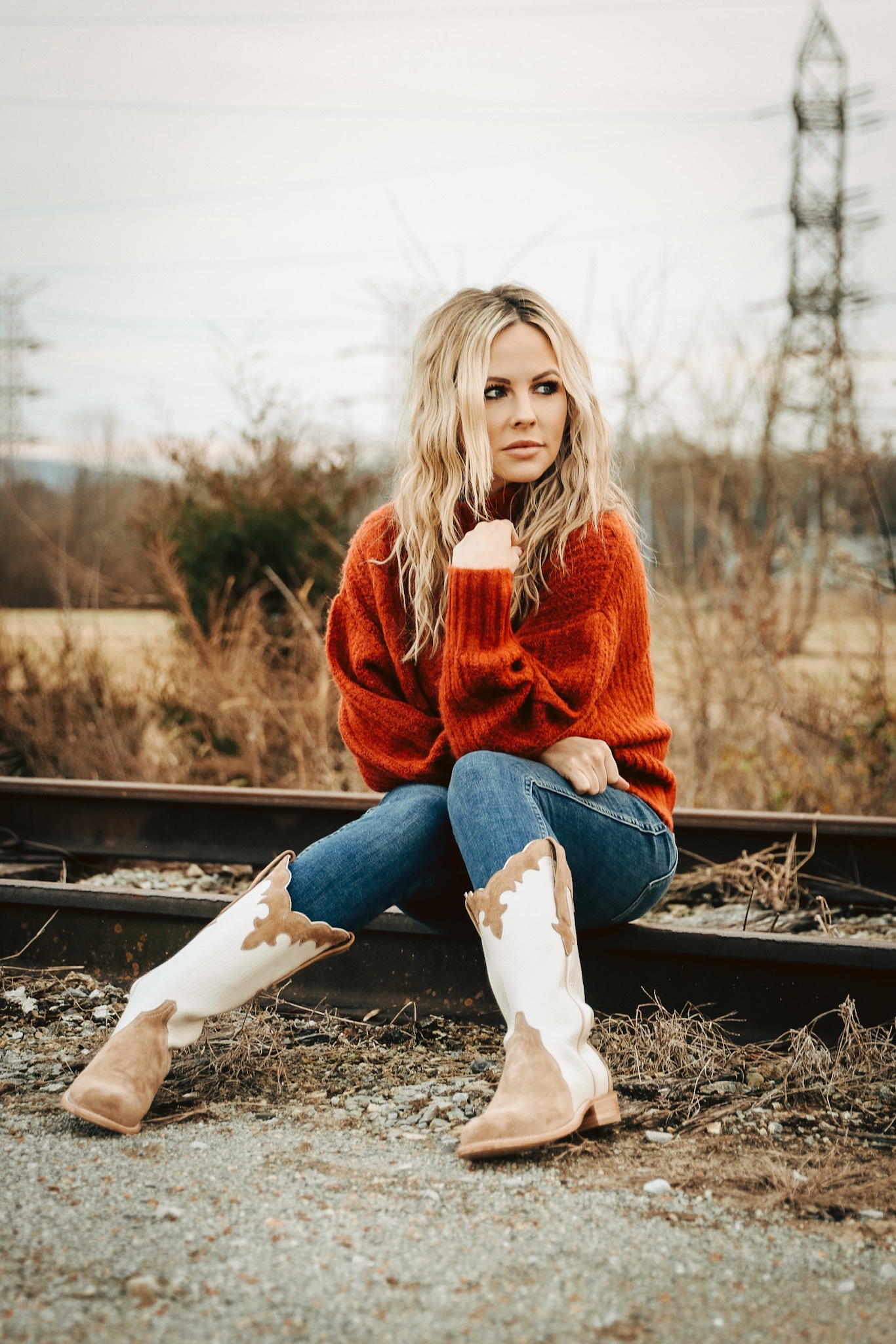 Chunky Knit Sweater and Jeans with White and Tan Cowboy Boots Chunky Knit Sweater and Jeans with White and Tan Cowboy Boots — Cowboy Boots Outfits 2027