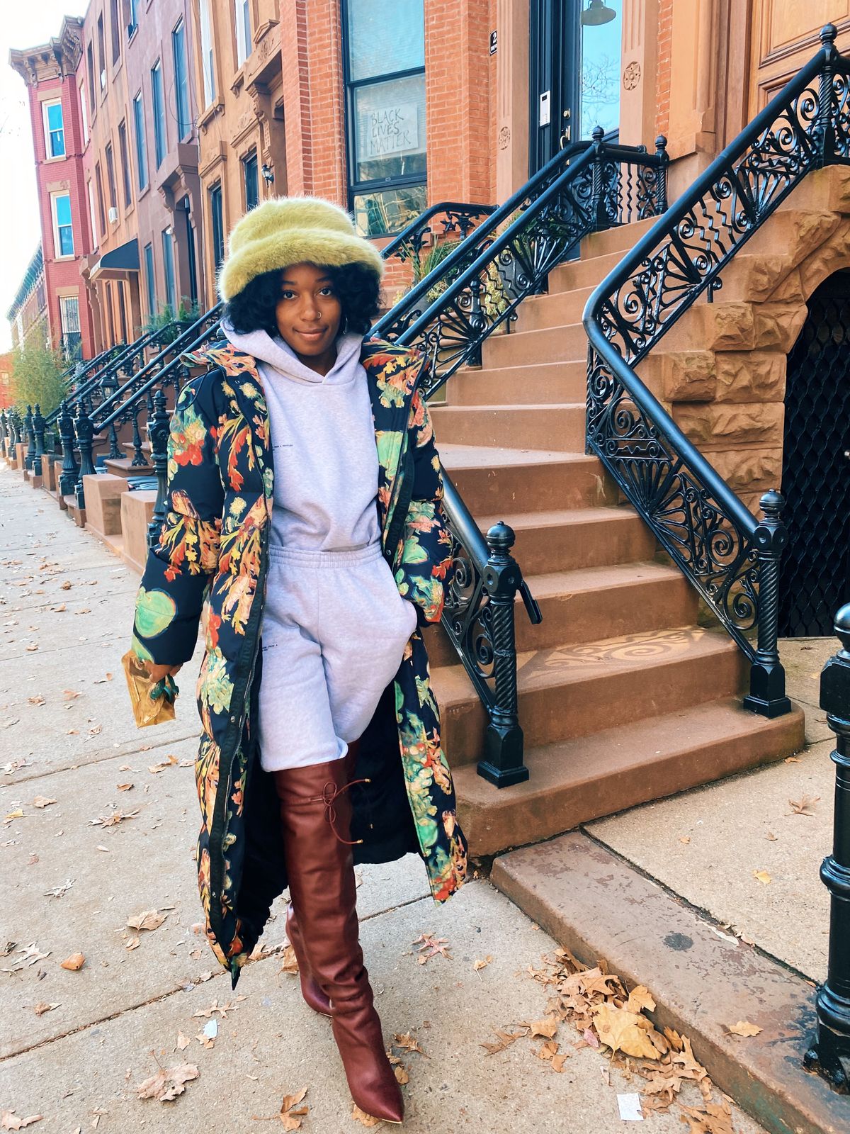 Floral Puffer Jacket with Loungewear and Boots — Layered Winter Outfits 2027