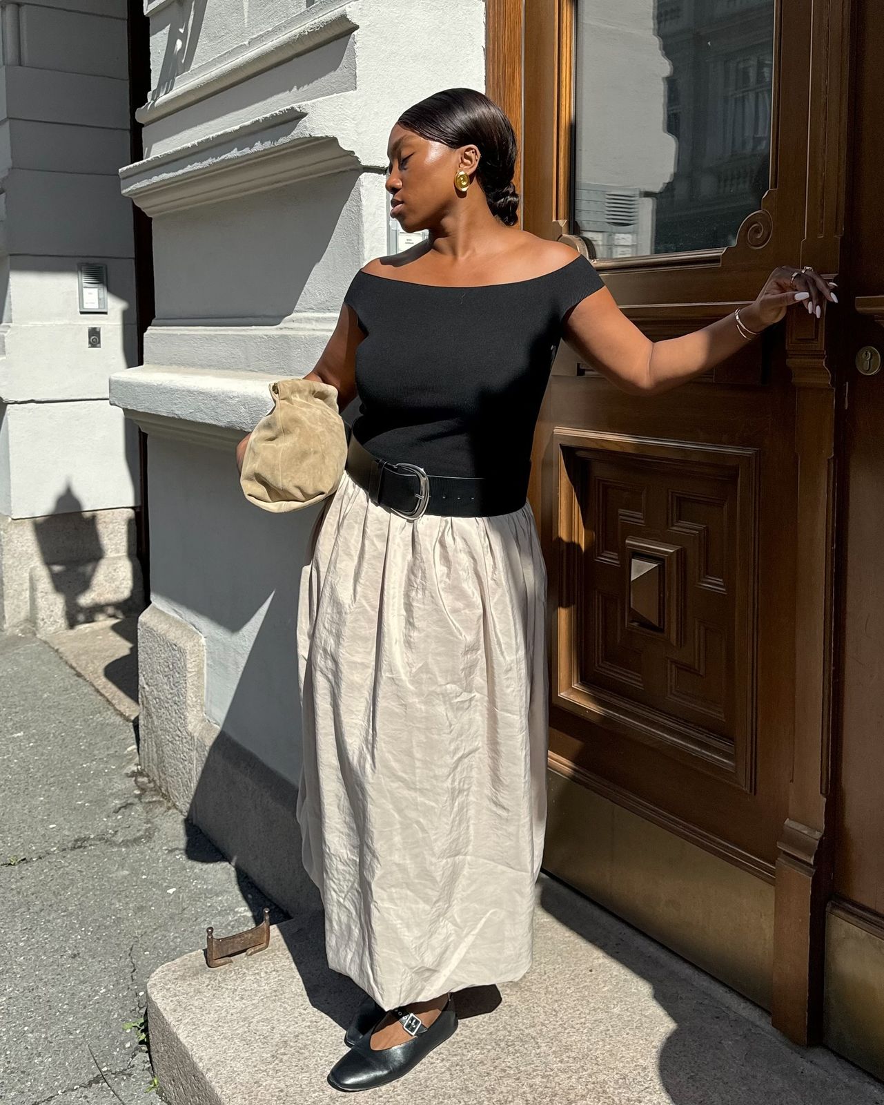Off-The-Shoulder Knit Top and Voluminous Beige Skirt — Modern Heirloom Outfits 2027