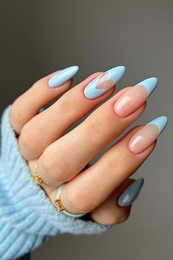 Light Baby Blue French Tips with Heart Outline Light Baby Blue French Tips with Heart Outline — Light Blue Quinceanera Nails 2027
