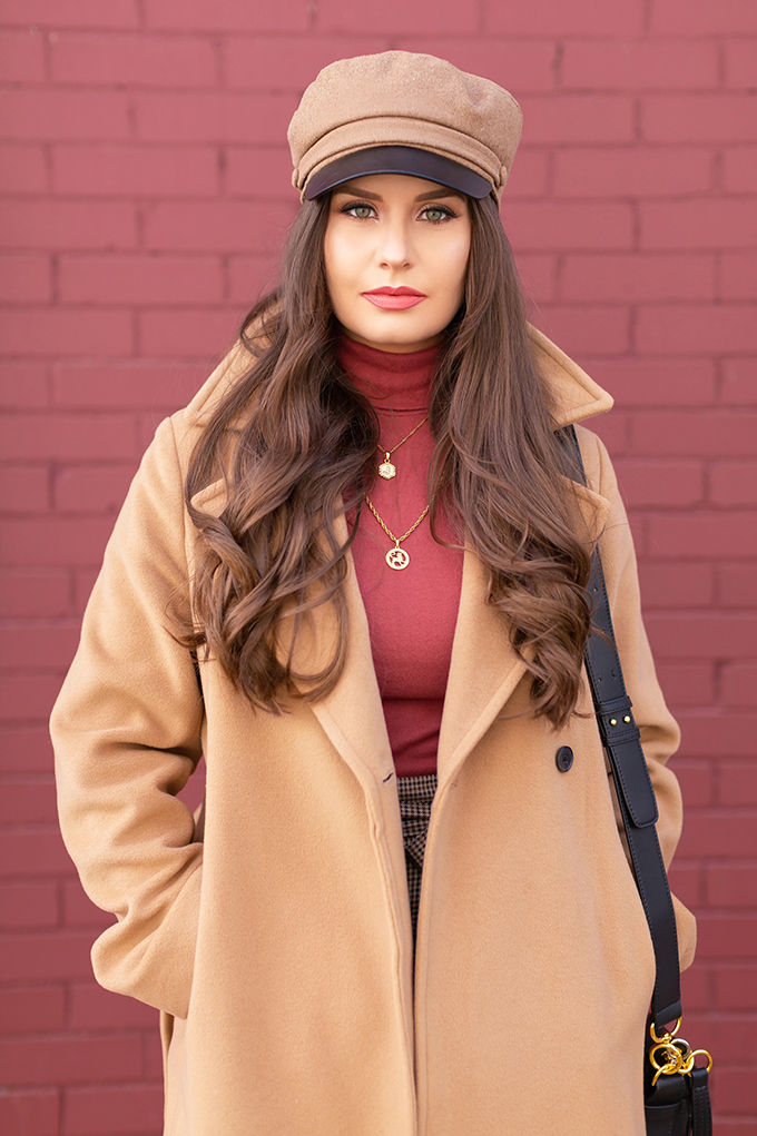 Camel Wool Coat with Burgundy Turtleneck and Plaid Trousers — Dressy Winter Outfits 2027