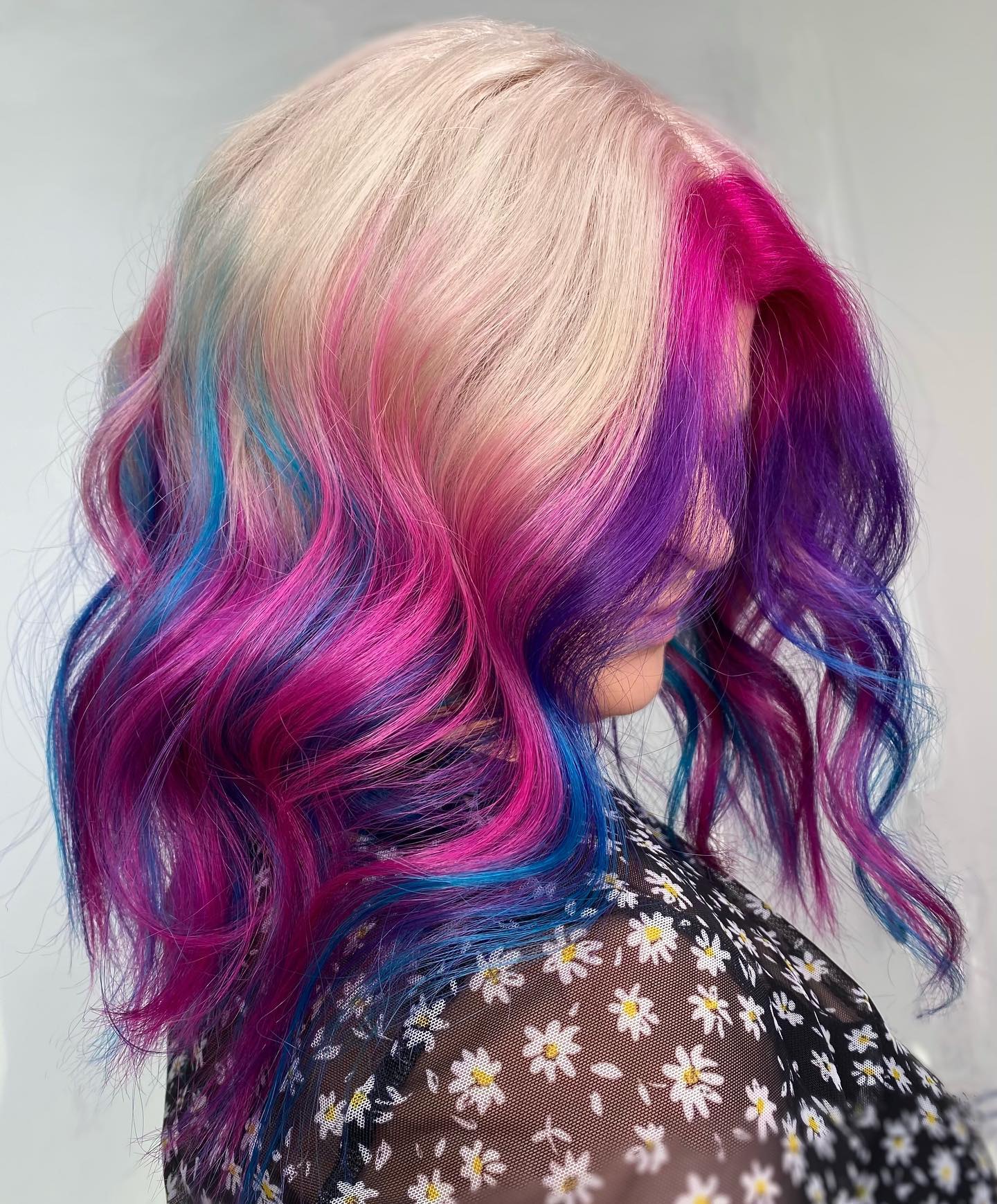 Platinum Blonde with Vibrant Multi-Color Highlights Platinum Blonde with Vibrant Multi-Color Highlights — Blonde 2027 with Purple Hair
