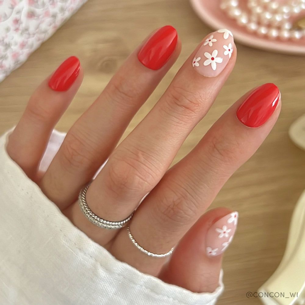 Bold Red with Delicate Floral Accents — Floral Gel Nails 2027