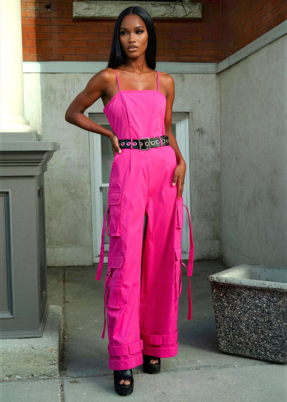 Hot Pink Utility Jumpsuit with Platform Boots for a Bold Statement Hot Pink Utility Jumpsuit with Platform Boots for a Bold Statement — Sleeveless Jumpsuit Outfits 2027