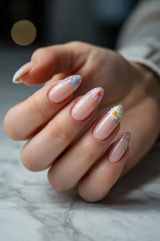 Glossy With Subtle Gold Foil Sheer Wildflower Meadow Effect Glossy With Subtle Gold Foil Sheer Wildflower Meadow Effect — Wildflower Flower Nails 2027