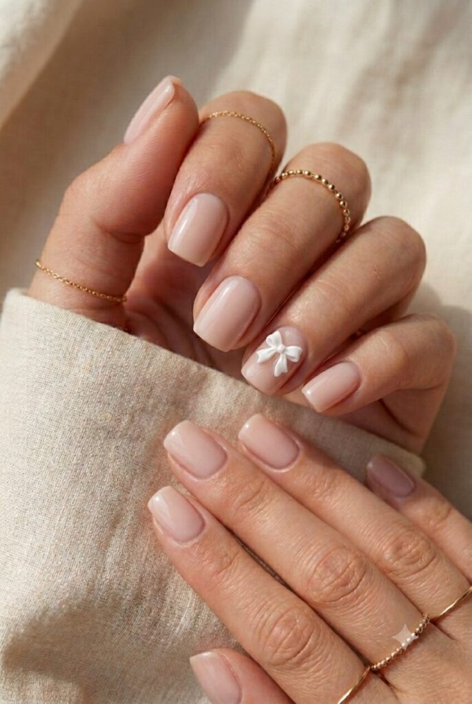 Small White 3D Bow Nude Squares Small White 3D Bow Nude Squares — Small Bow Nails 2027