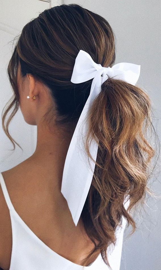 Mid-Height Ponytail With White Ribbon Mid-Height Ponytail With White Ribbon — Coquette Ponytail Hairstyles 2027