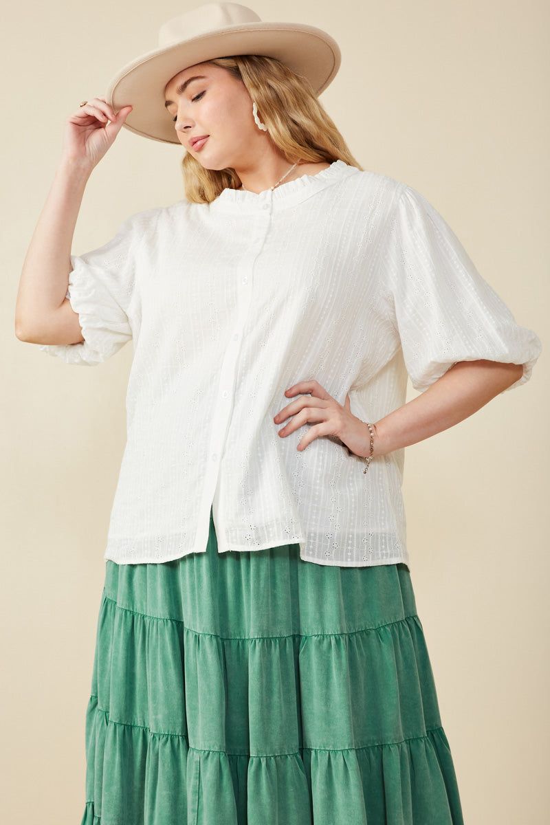 White Broderie Anglaise Puff Sleeve Blouse with Green Tiered Skirt White Broderie Anglaise Puff Sleeve Blouse with Green Tiered Skirt — Puff Sleeve Blouse Outfits 2027