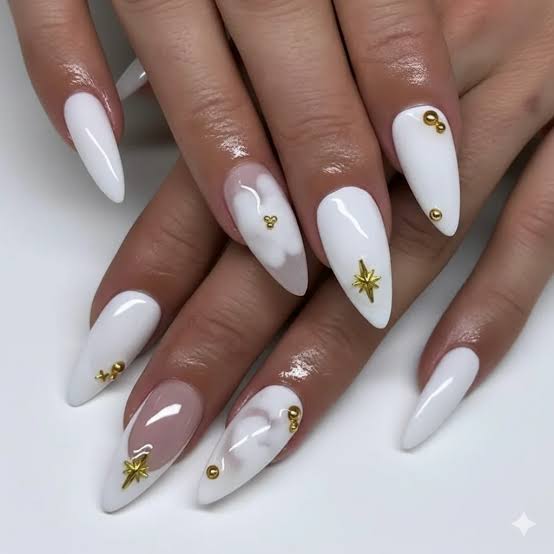 Long Almond Cloud Design With Gold Studs — White Wedding Nails 2027