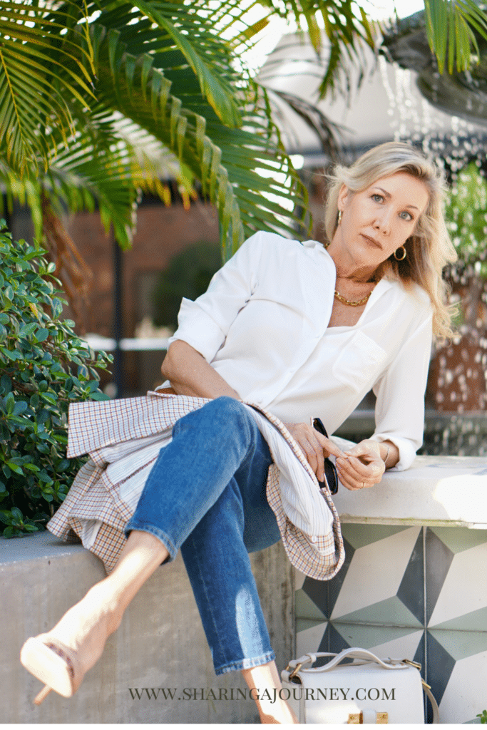 Oversized White Button-Down Shirt and Plaid Jacket Oversized White Button-Down Shirt and Plaid Jacket — Date Night Outfits 2027 for Women Over 50