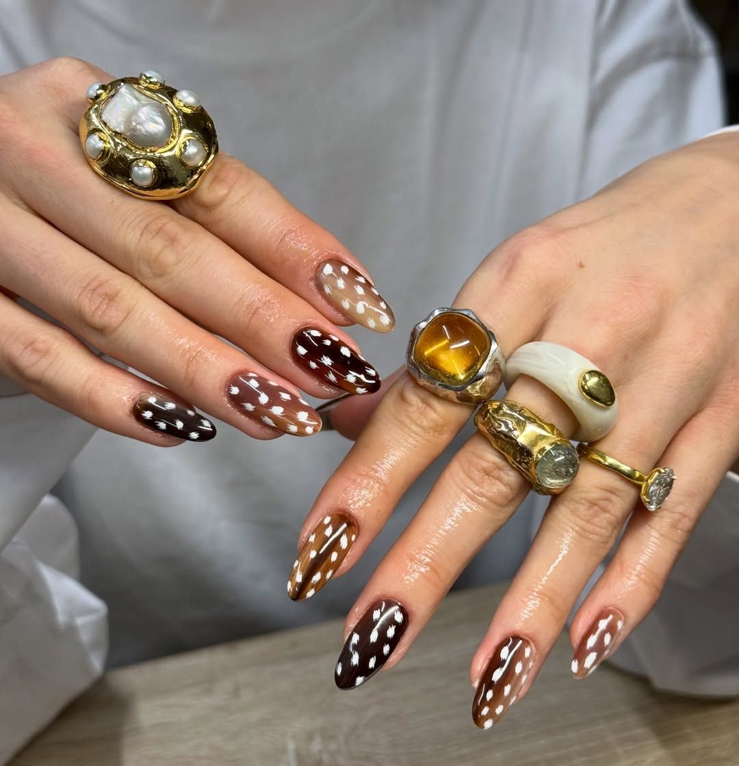 White Polka Dots On Brown And Nude Base Visual Idea White Polka Dots On Brown And Nude Base Visual Idea — Brown Nails 2027